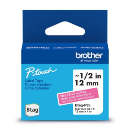 Brother Genuine BTAGP35 Non-Laminated Tape for P-touch Label Makers, White on Pink ? 12 mm wide x 4 m long