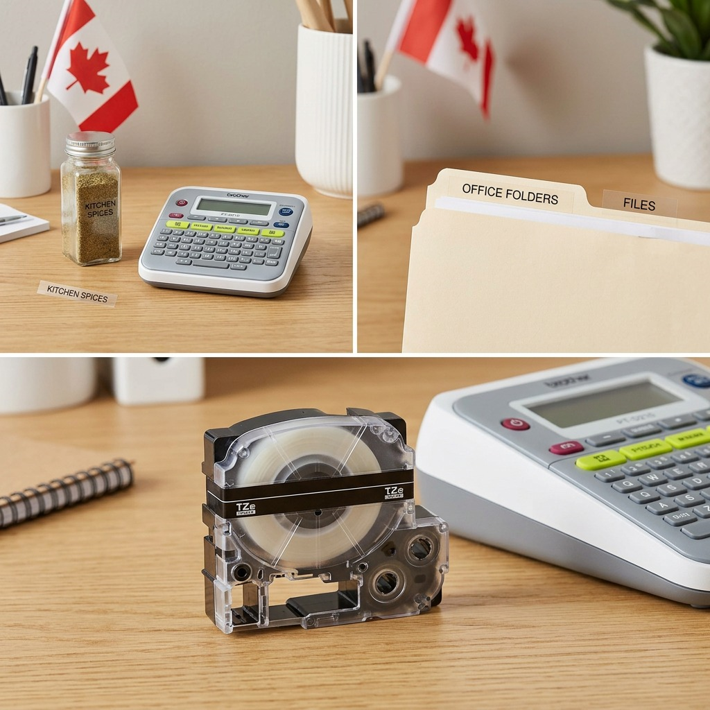 Brother TZe-151 black on clear tape shown on a spice jar, office folders, and in the cartridge.