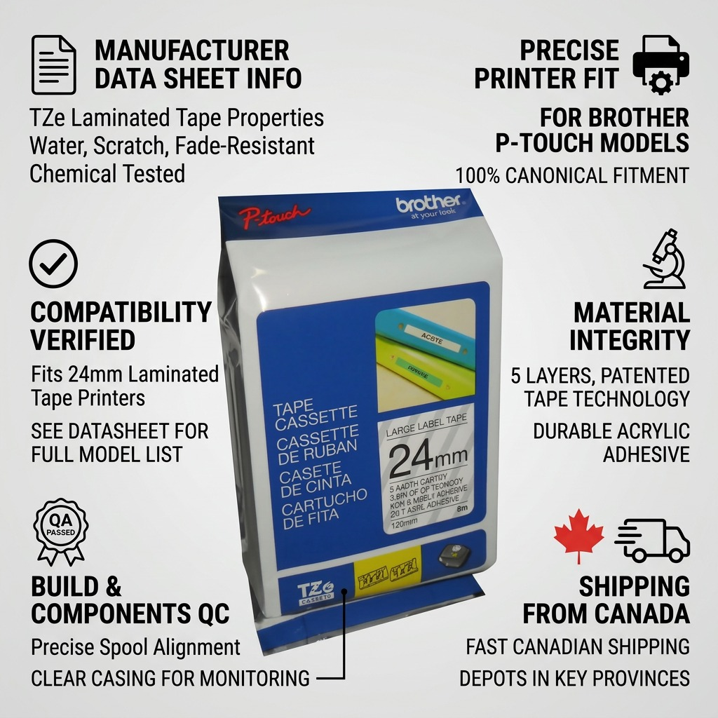 Infographic for Brother TZe-151 24mm tape showing printer fit, material durability, and shipping from Canada.