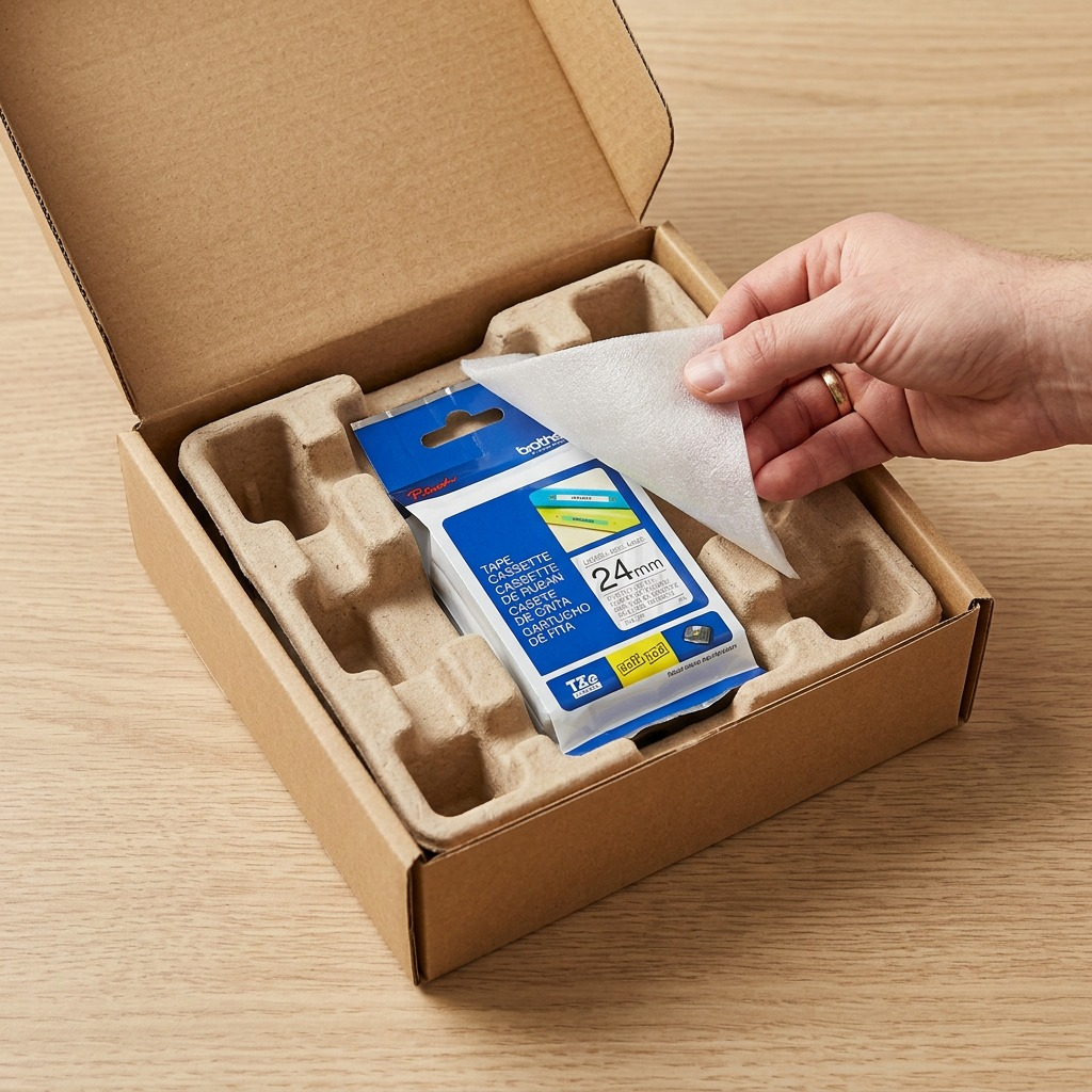 Unboxing a Brother TZe-151 24mm tape cassette from a protective shipping box with molded inserts.