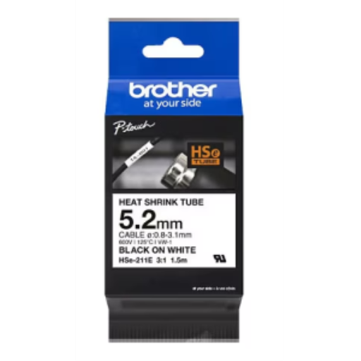Brother HSE211E Black on White Heat Shrink Tube Label 5.2 mm x 1.5 m