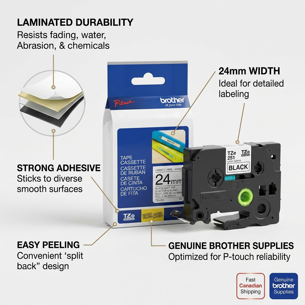 Genuine Brother TZe251 24mm black on white label tape features laminated durability and split back peeling.