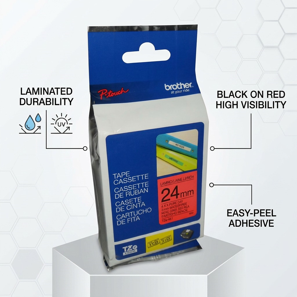 Brother TZe451 24mm black on red tape showing laminated durability and easy-peel adhesive features.