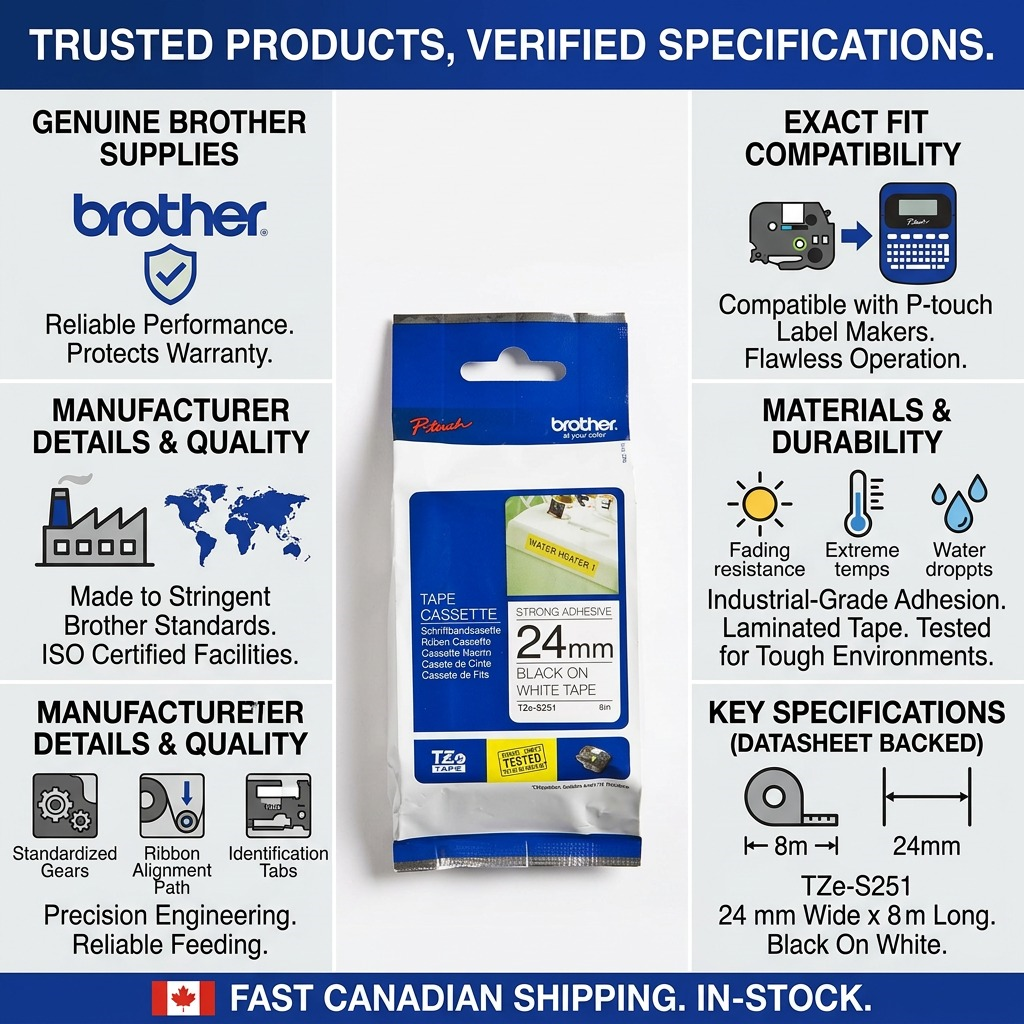 Infographic for Brother TZe-S251 24mm extra-strength label tape highlighting durability and fit.