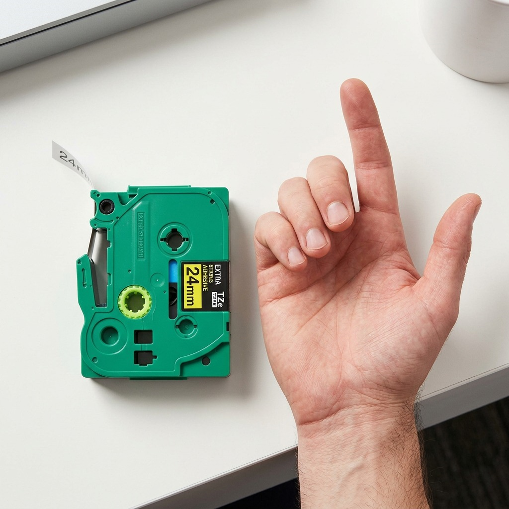 A Brother TZe-S251 24mm label tape cassette shown next to a human hand for size reference.