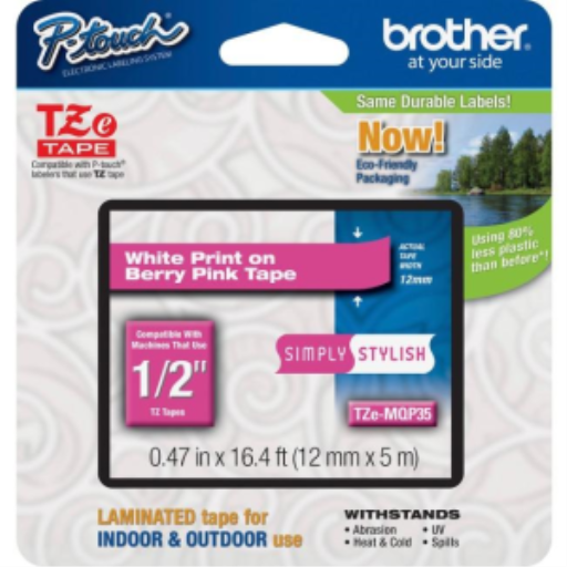 Ruban blanc sur rose framboise Brother d'origine TZEMQP35 pour étiqueteuses P-touch, 12 mm de large x 4 m de long
