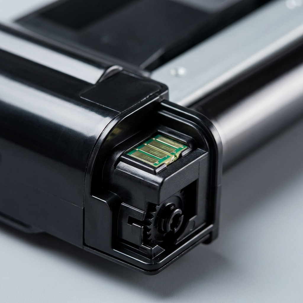 Macro detail of the gold electronic chip contact on a Brother TN436BK black toner cartridge.