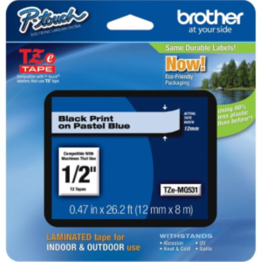 Brother Original TZeMQ531 Impression noire sur ruban bleu pastel pour étiqueteuses P-touch, 12 mm de large x 4 m de long