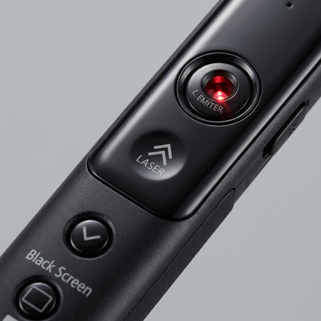 Macro detail of the Canon PR1100-R presenter showing the red laser emitter and control buttons.
