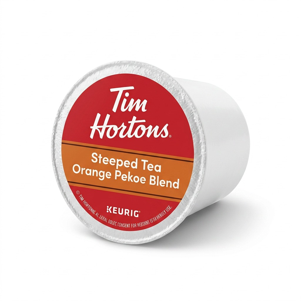 Tim Hortons Orange Pekoe Steeped Tea K-Cup pod for Keurig brewers, featuring red and orange labels.