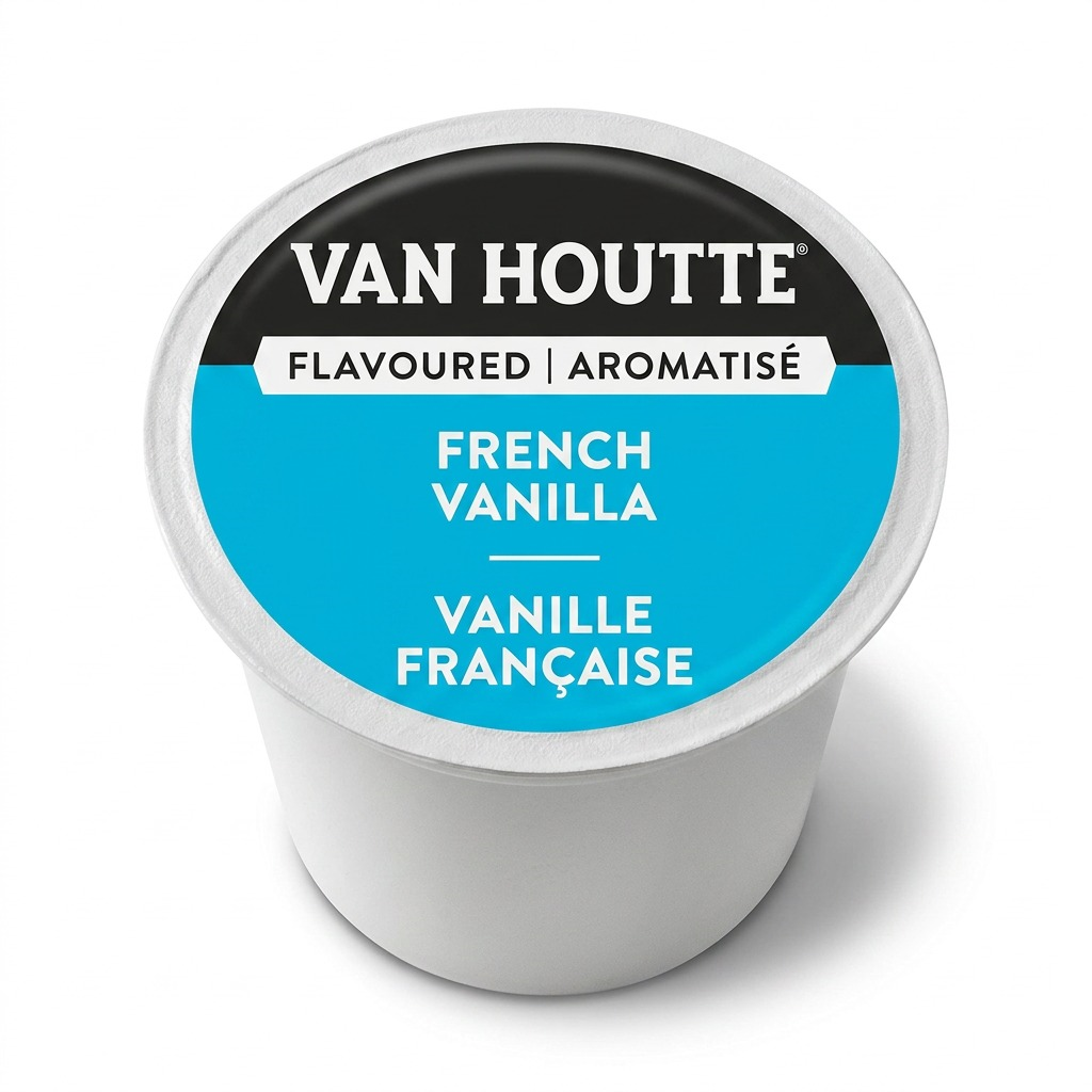 A Van Houtte French Vanilla K-Cup coffee pod with a blue and black label on a white background.