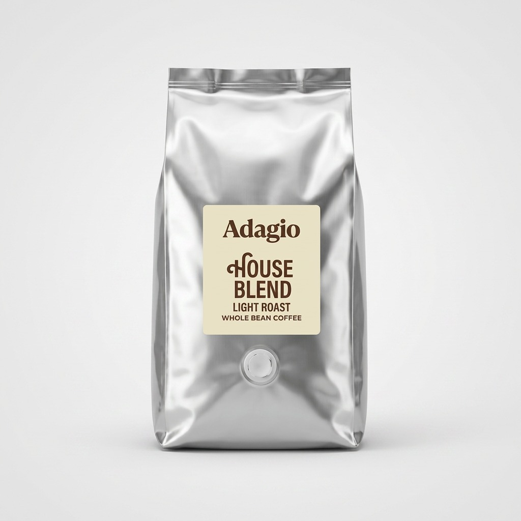 A 5lb silver bag of Adagio House Blend Light Roast Whole Bean Coffee on a white background.