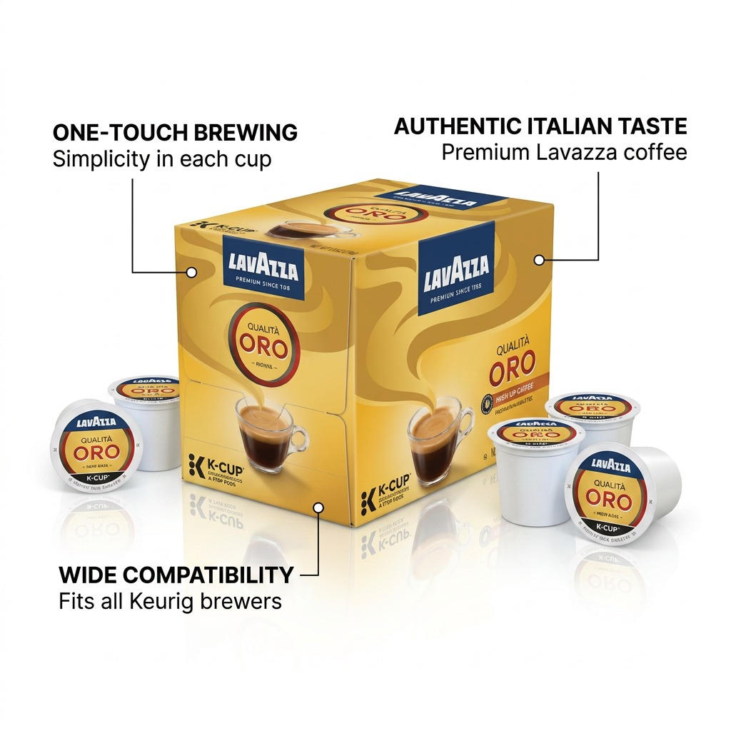 Lavazza Qualità Oro K-Cups box and pods with callouts for Keurig compatibility and Italian taste.