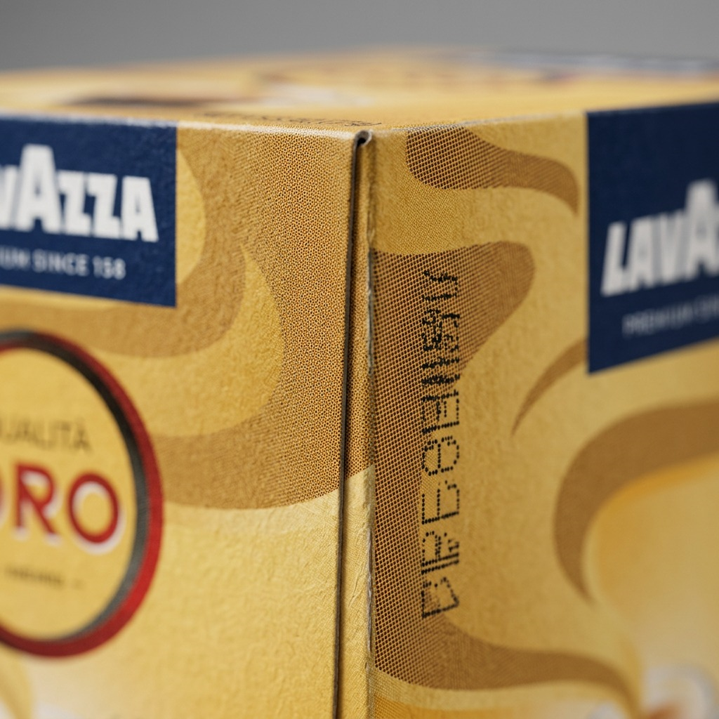 Macro detail of a Lavazza Qualità Oro box corner, showing high-quality print texture and logo.