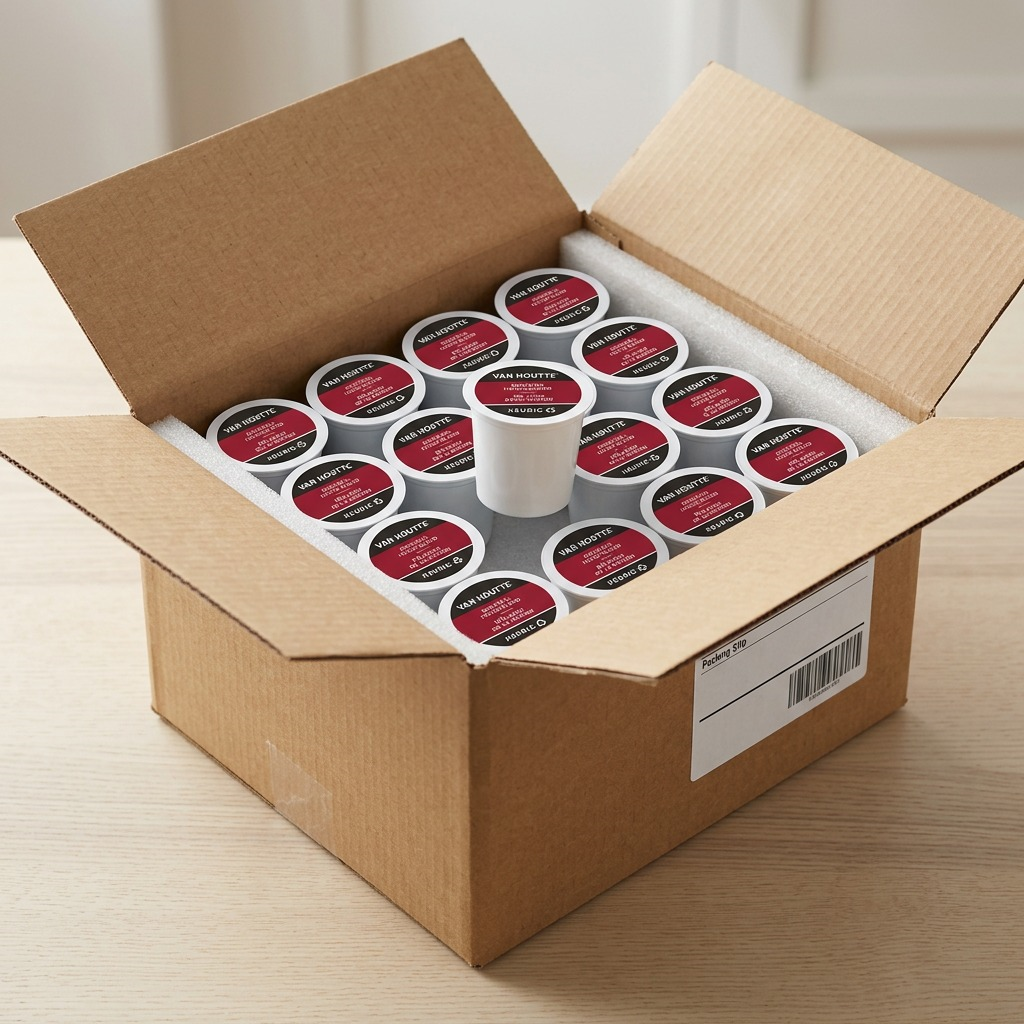 An open, padded shipping box displays numerous intact 'Van Houtte Original House Blend' K-Cup pods.