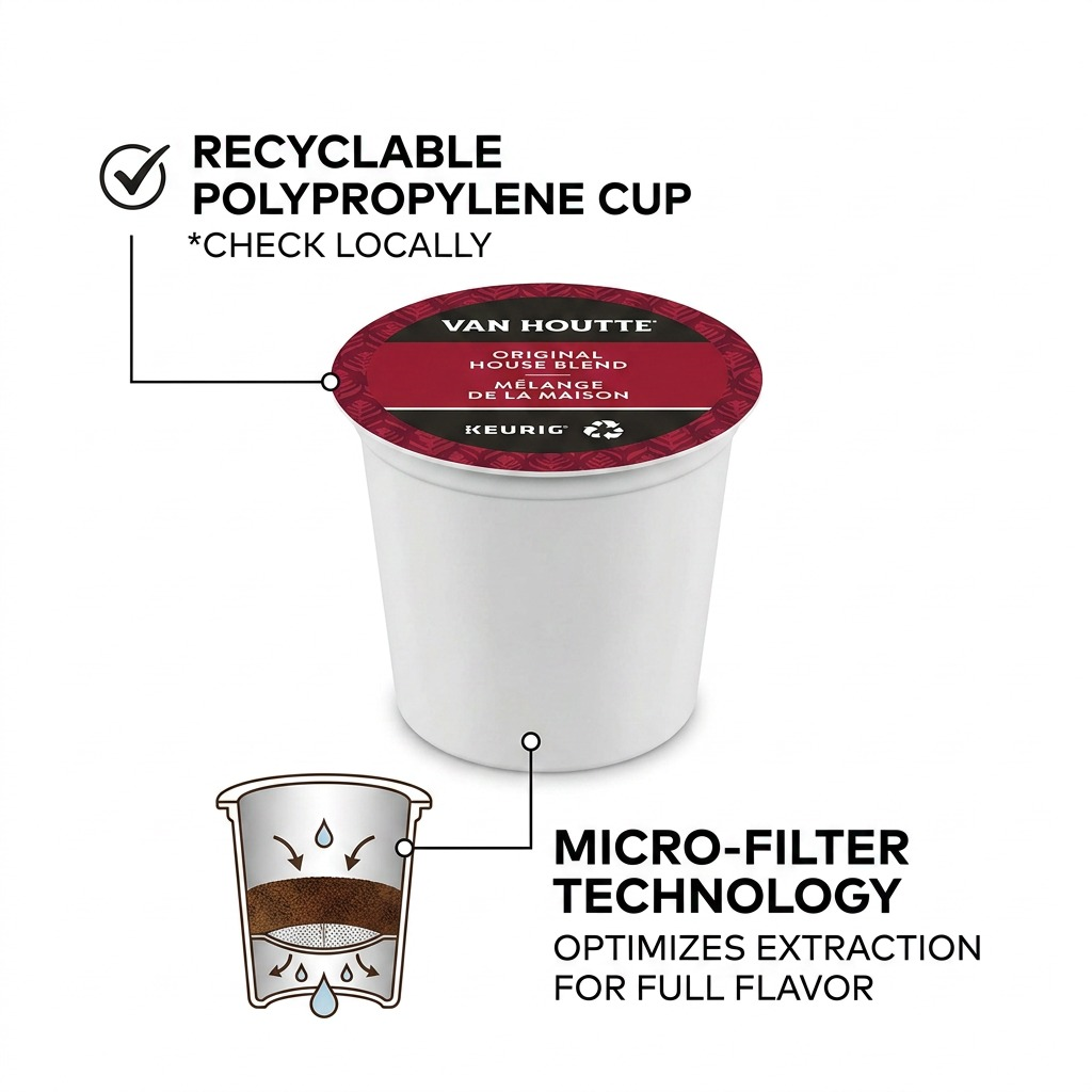 Van Houtte Original House Blend K-Cup featuring operational callouts for recyclable polypropylene and micro-filter.