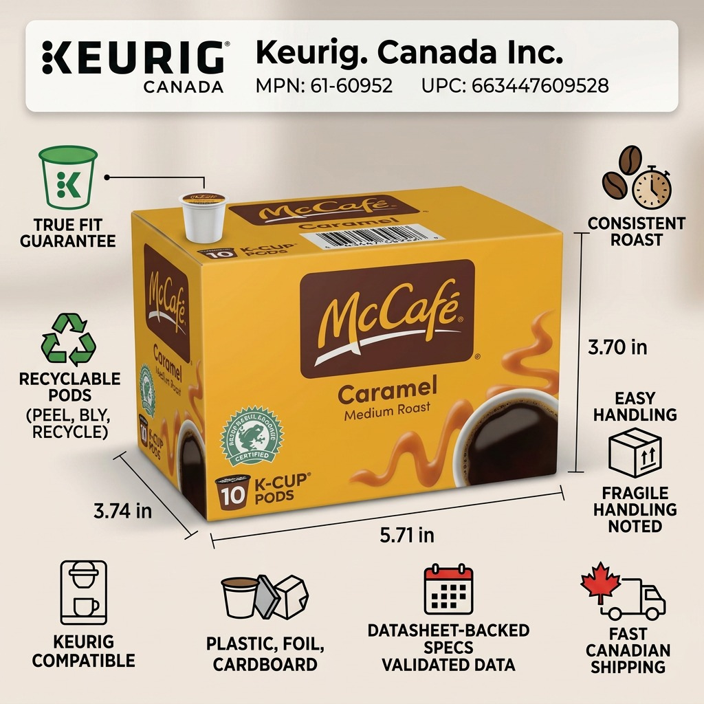 McCafé Caramel K-Cups 10-count infographic showing dimensions, Keurig compatibility, and fast Canadian shipping.