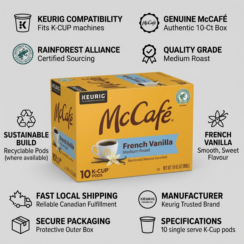 McCafé French Vanilla K-Cups infographic showing Keurig compatibility and Canadian shipping icons.