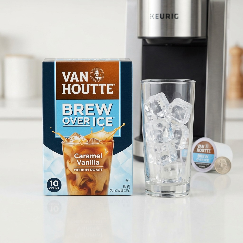 A 10-count box of Van Houtte Brew Over Ice Caramel Vanilla K-Cups beside a glass of ice for scale.