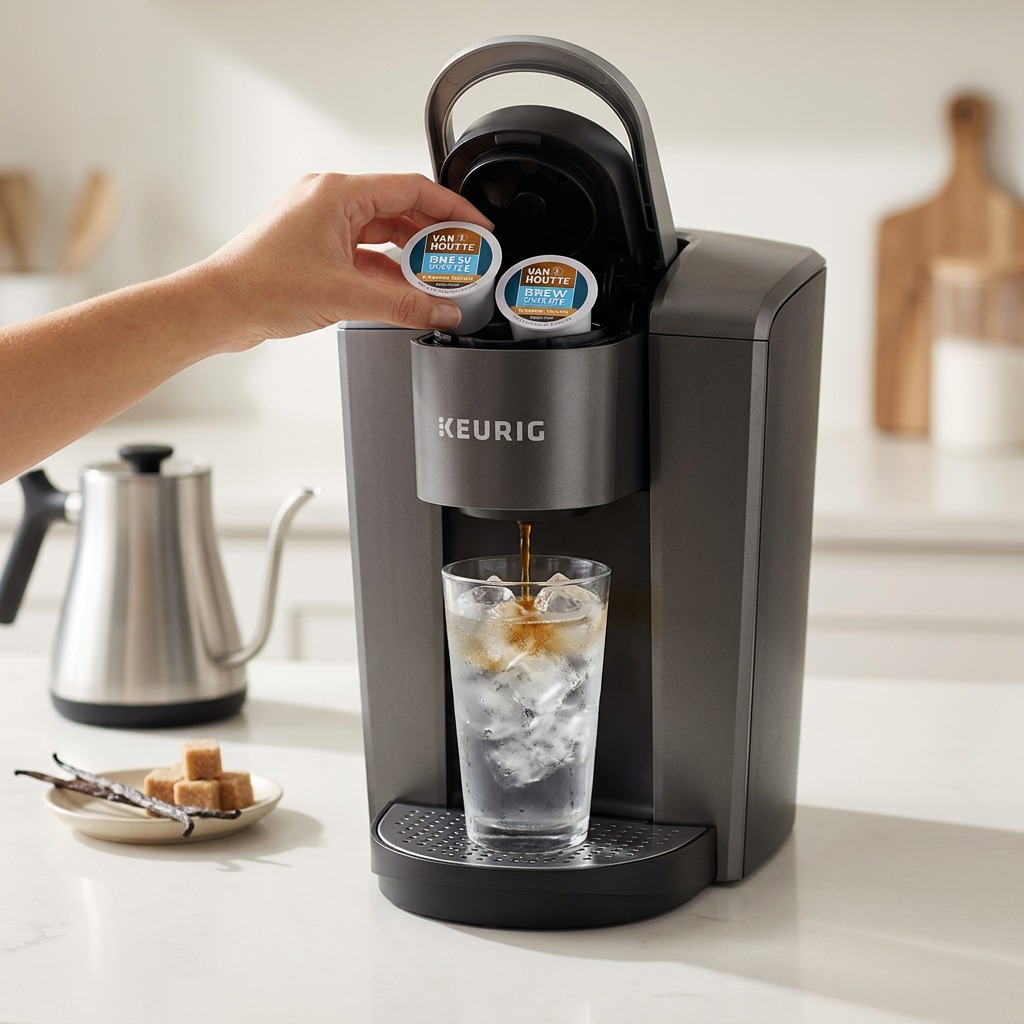 A hand placing a Van Houtte Vanilla Caramel K-Cup into a Keurig machine to brew over a glass of ice.