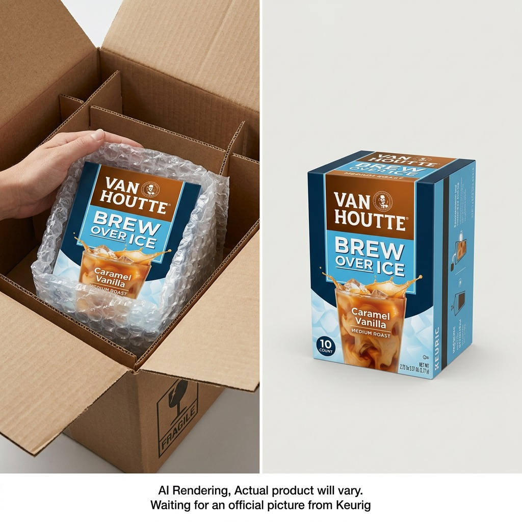 Van Houtte Caramel Vanilla 10-count K-Cup box arriving safely in a bubble-wrapped shipping box.