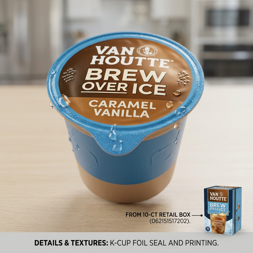 Macro detail of a Van Houtte Vanilla Caramel K-Cup showing the textured foil seal and printing.