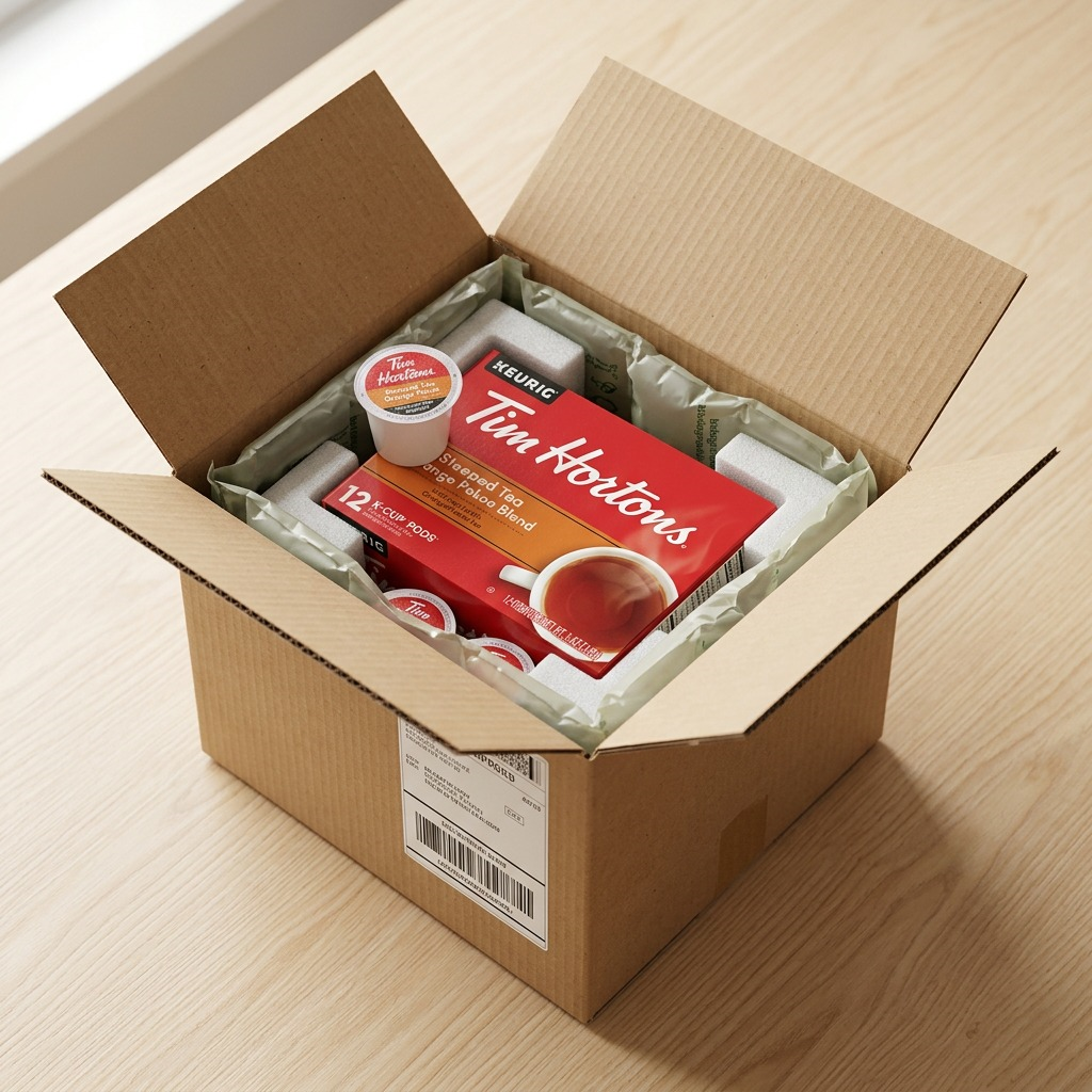 An open shipping box containing a 12-count pack of Tim Hortons Orange Pekoe Tea K-Cup pods, secured with protective foam and liners.