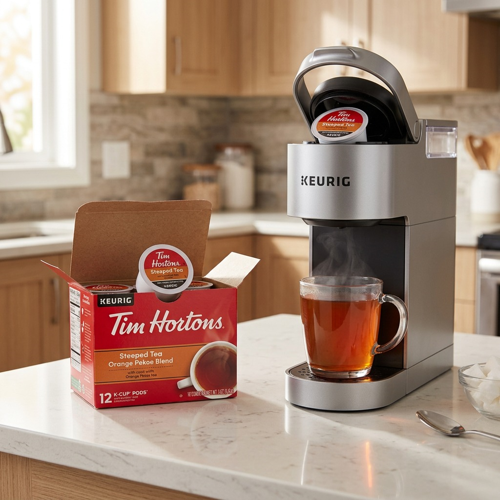 Steaming glass mug of Tim Hortons Orange Pekoe tea brewed from a Keurig machine next to a 12-pack.