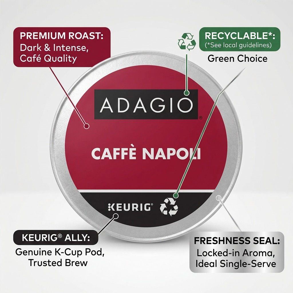 Adagio Caffè Napoli Dark Roast K-Cup pod with feature callouts for recyclable pod and freshness seal.
