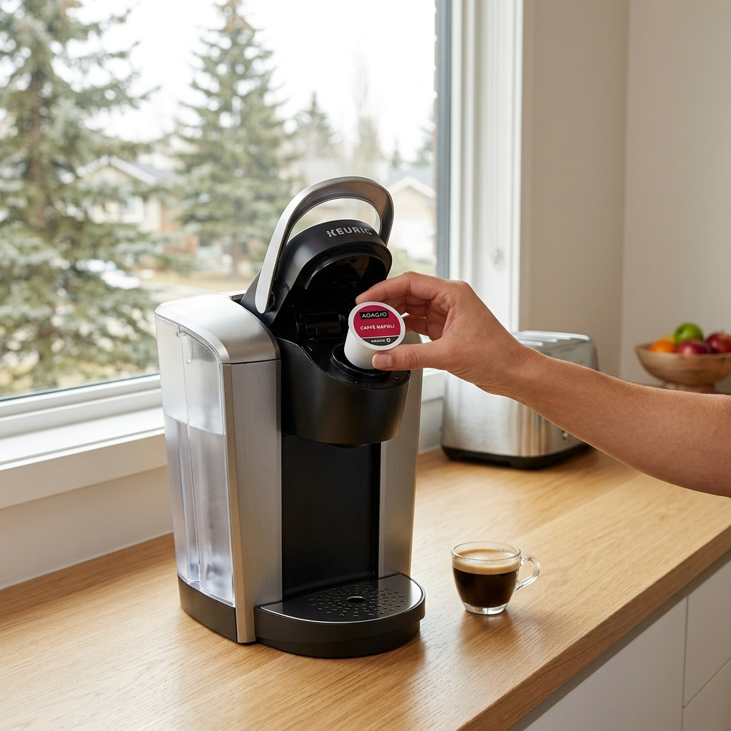 Hand inserting an Adagio Caffè Napoli K-Cup into a Keurig brewer in a bright kitchen setting.
