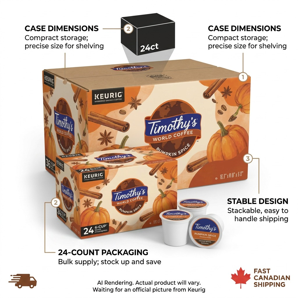 Timothy's Pumpkin Spice K-Cups 24-count packaging with callouts for case size and stable design.