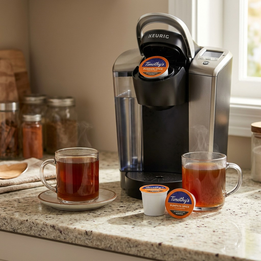 Timothy's Pumpkin Spice K-Cups being used in a Keurig brewer alongside steaming mugs of coffee.