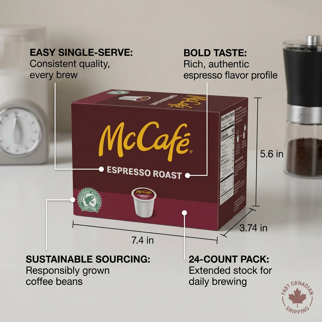 McCafé Espresso Roast K-Cup 24-pack box with dimensions and features like sustainable sourcing.