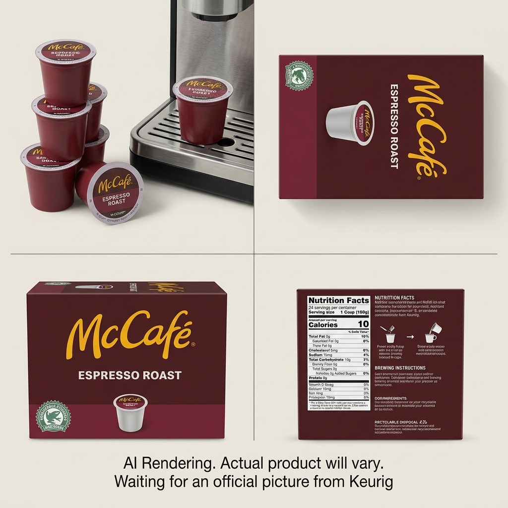 Grid showing McCafé Espresso Roast K-Cup boxes, loose pods, and nutrition facts panel.