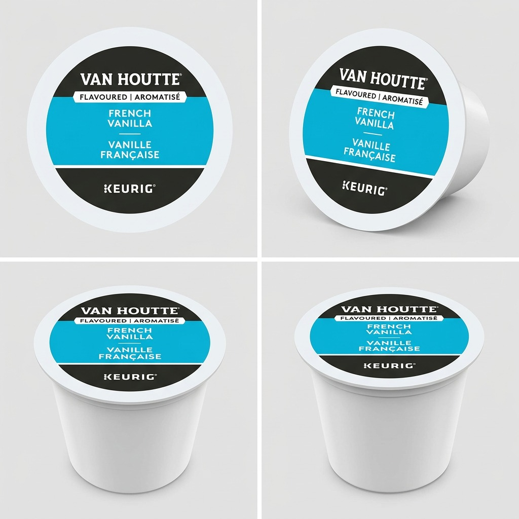 Grid showing a Van Houtte French Vanilla Keurig K-Cup pod from four different angles.