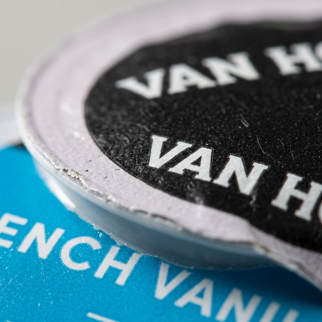Macro detail of a Van Houtte French Vanilla K-Cup pod showing the textured foil seal and rim.