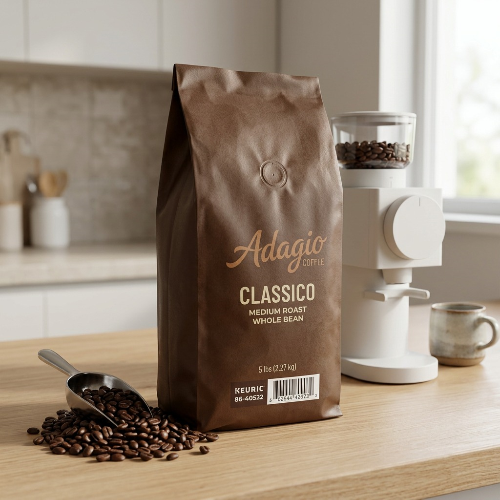 A 5lb bag of Keurig Adagio Classico medium roast whole bean coffee on a kitchen counter with a scoop.