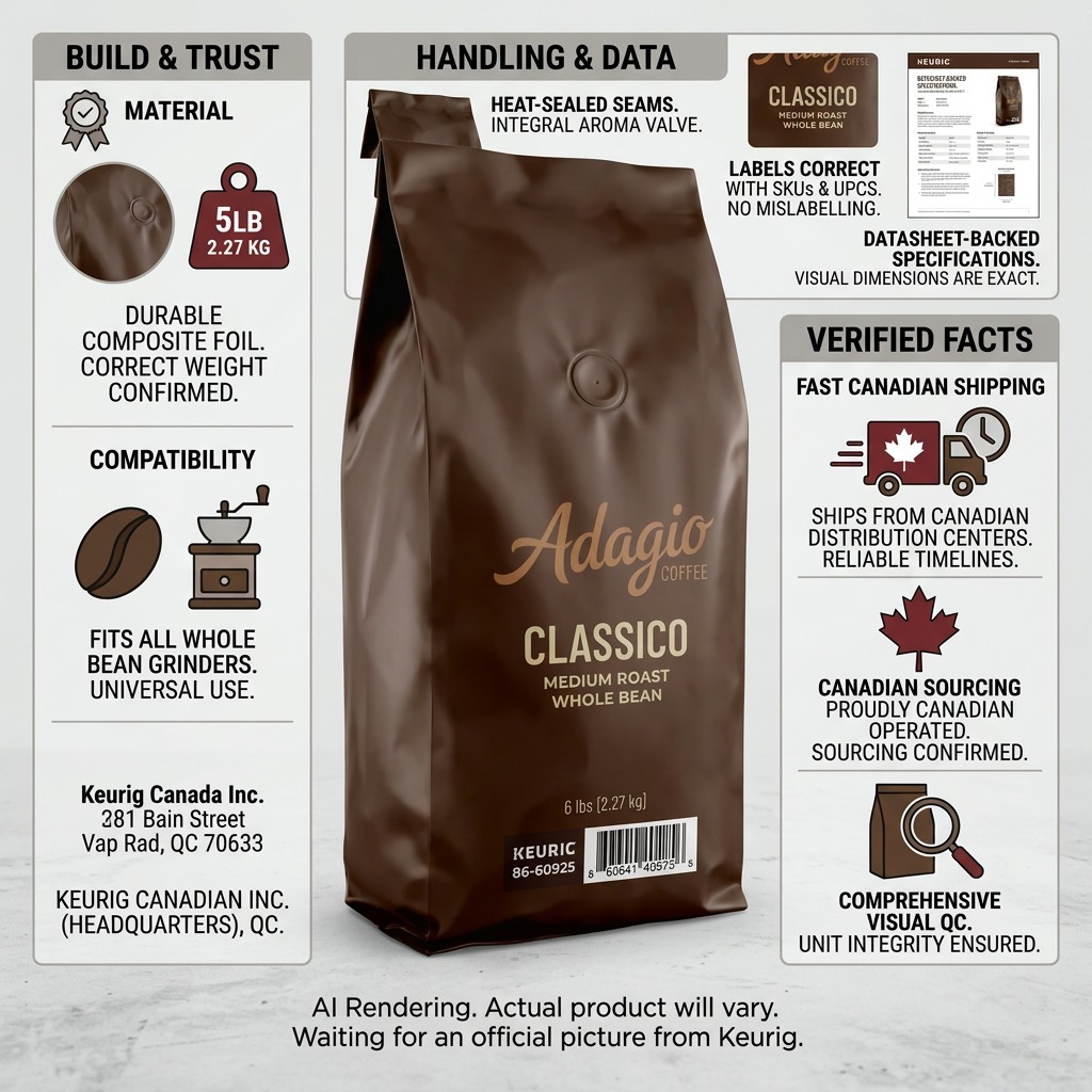 Infographic for Adagio Classico medium roast 5lb whole bean coffee highlighting fast Canadian shipping.