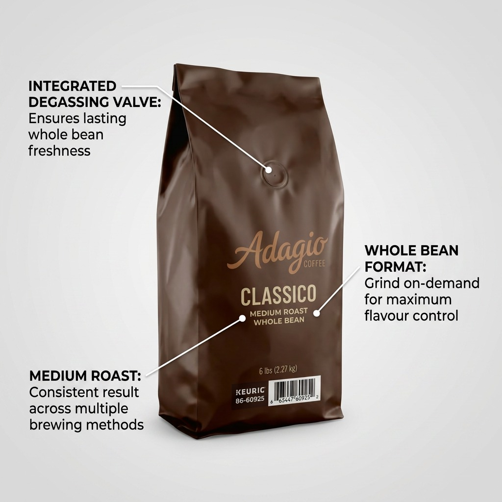 Adagio Classico 5lb medium roast whole bean coffee bag with callouts for freshness and bean format.