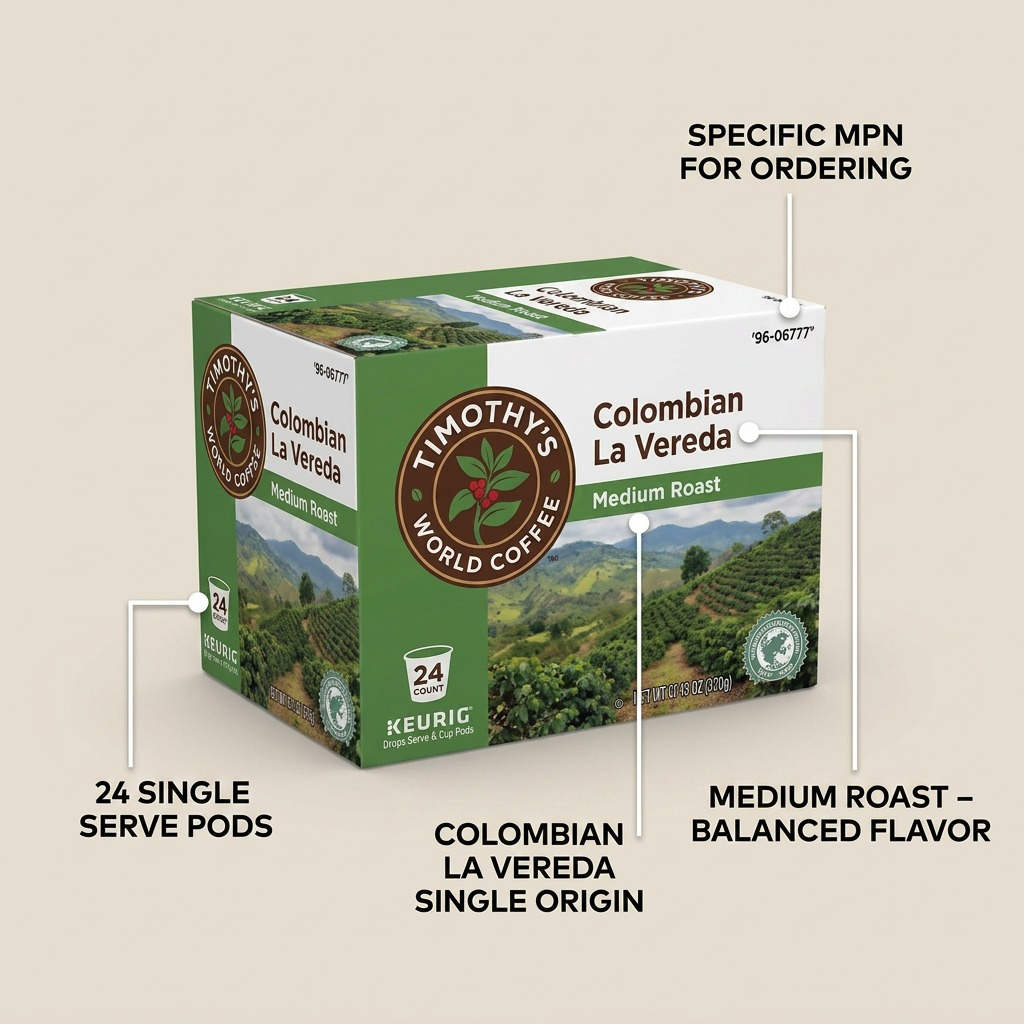 Timothy's Colombian La Vereda medium roast 24-count K-Cup box with MPN and flavor callouts.