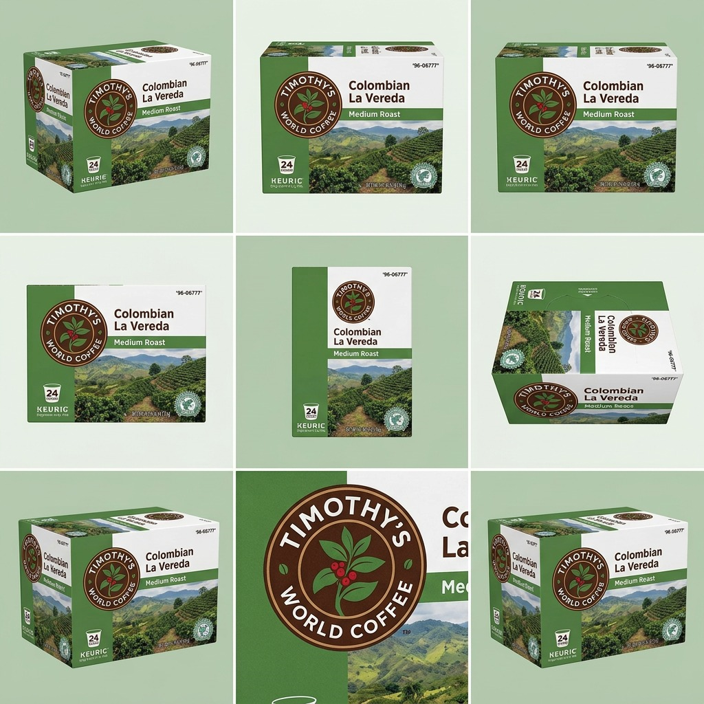 Grid showing multiple angles and packaging details for Timothy's Colombian La Vereda 24-count K-Cups.