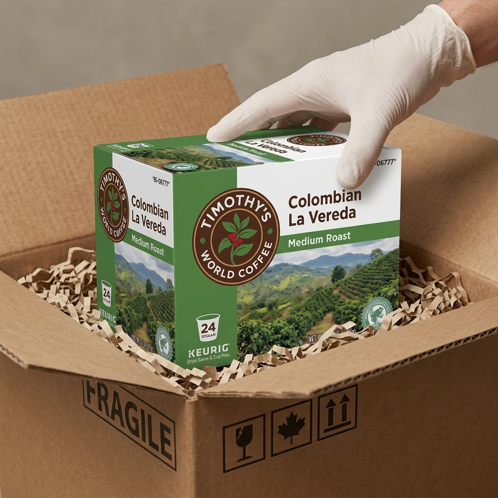 Timothy's Colombian La Vereda Coffee 24-count box inside a secure shipping box with paper padding.