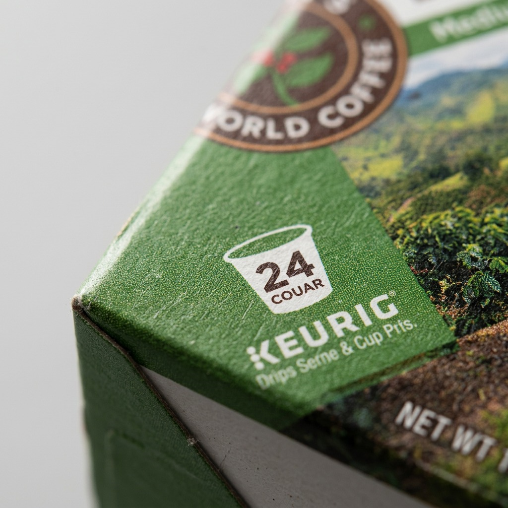 Macro detail of the Timothy's Colombian La Vereda Coffee box showing the Keurig compatibility logo.