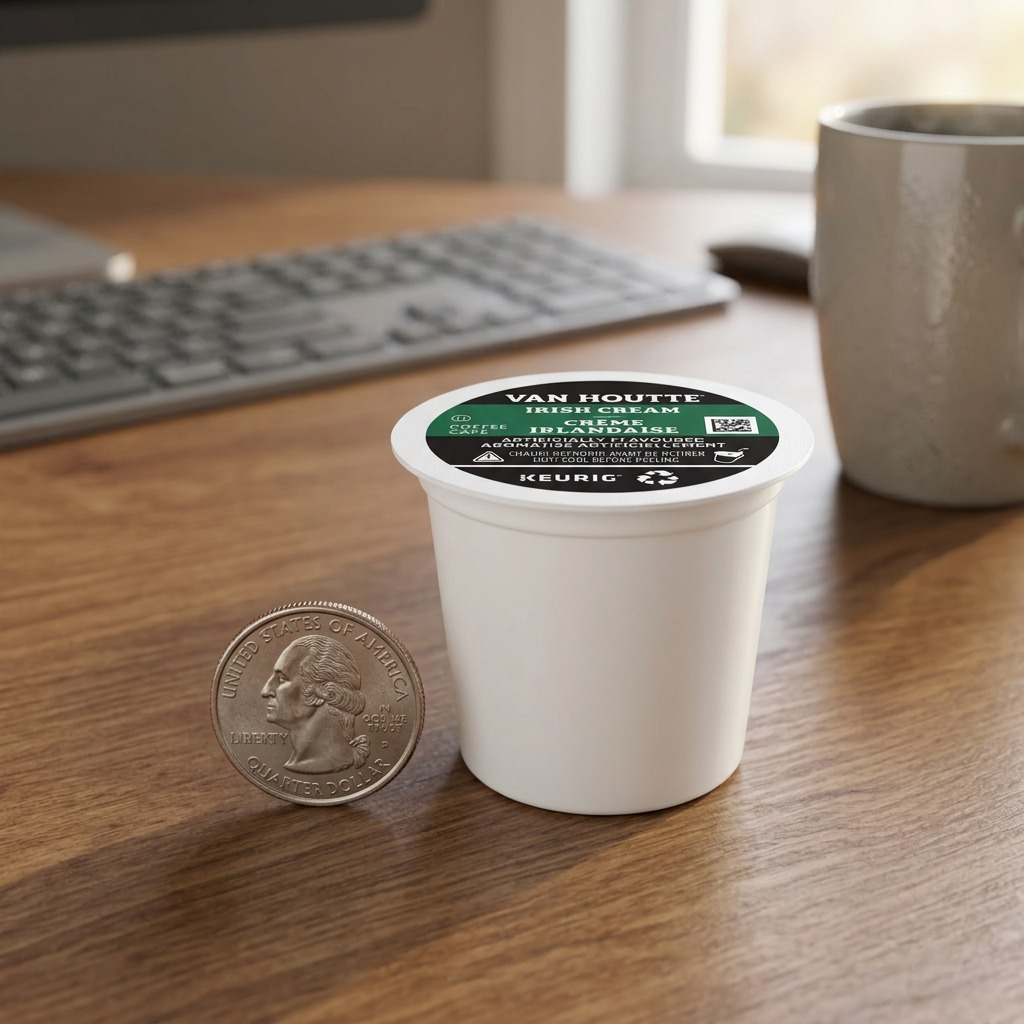 A Van Houtte Irish Cream K-Cup pod sitting next to a U.S. quarter on a desk for scale reference.