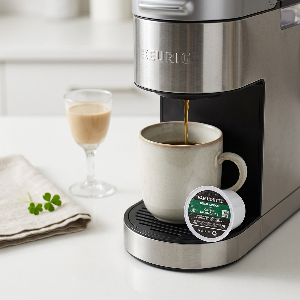 Van Houtte Irish Cream K-Cup pod sitting next to a Keurig machine brewing into a ceramic mug.