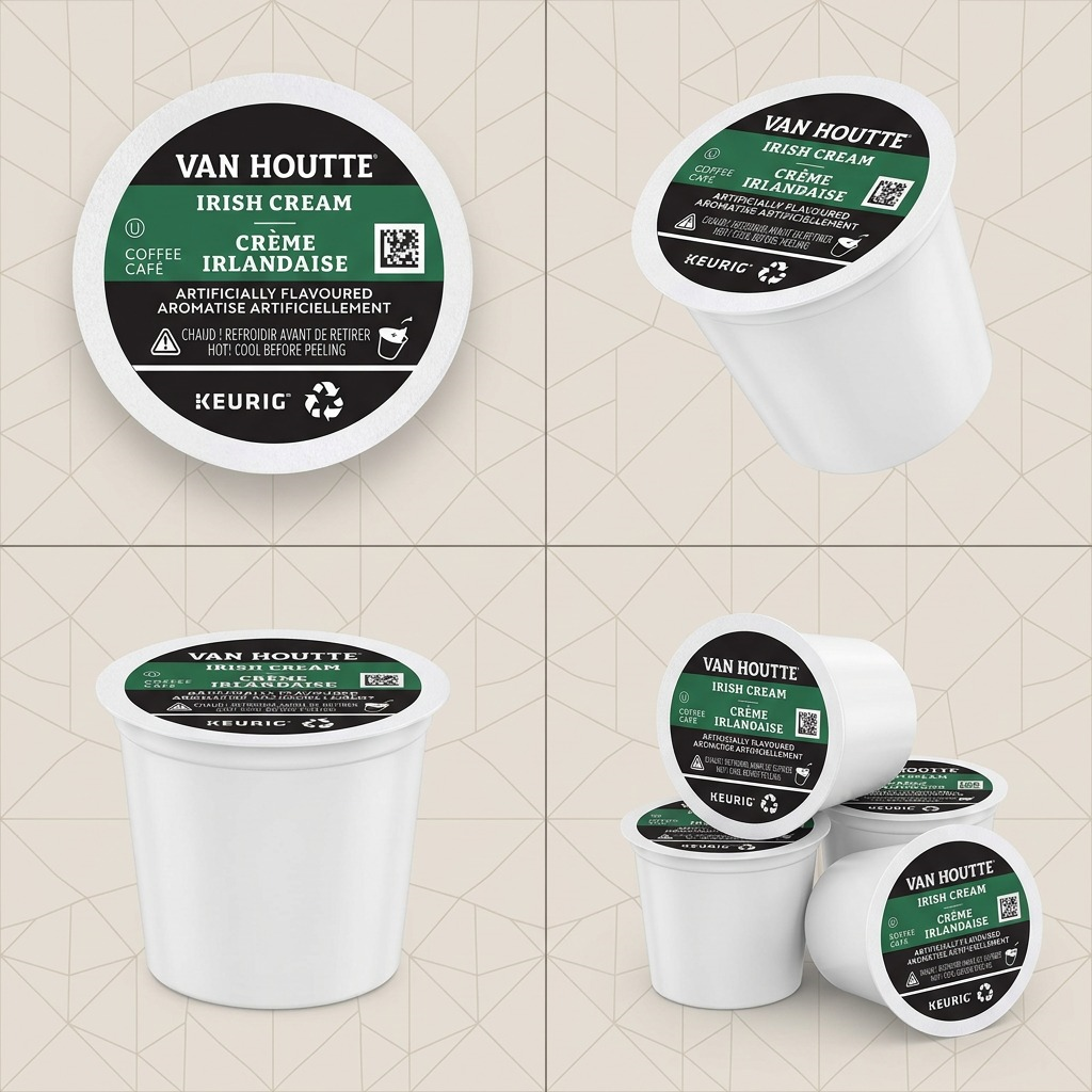 A grid showing Van Houtte Irish Cream K-Cup pods from different angles and in a small group.