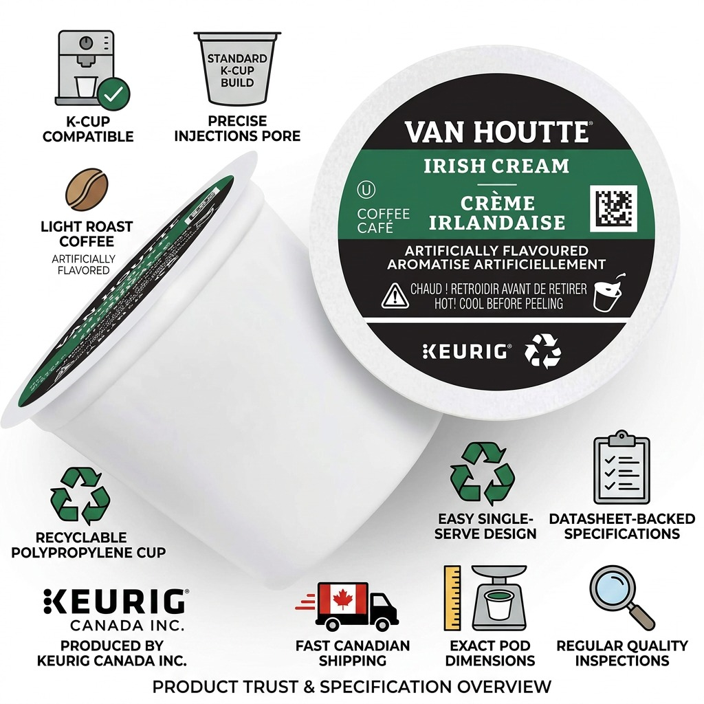 Van Houtte Irish Cream K-Cup trust infographic showing pod build, compatibility, and fast Canadian shipping icons.