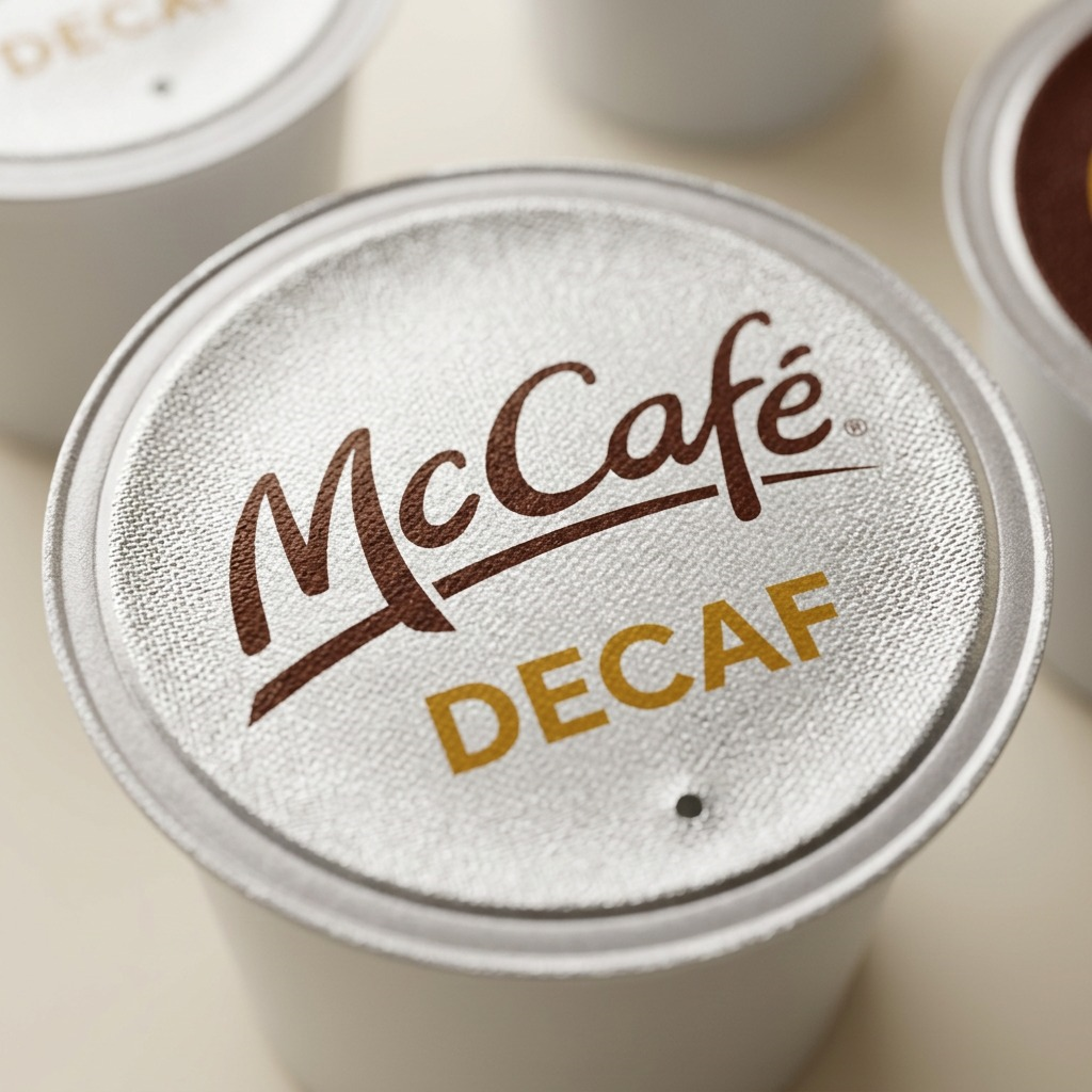 Macro detail of a McCafé Decaf K-Cup pod showing the textured foil seal and branded logo.