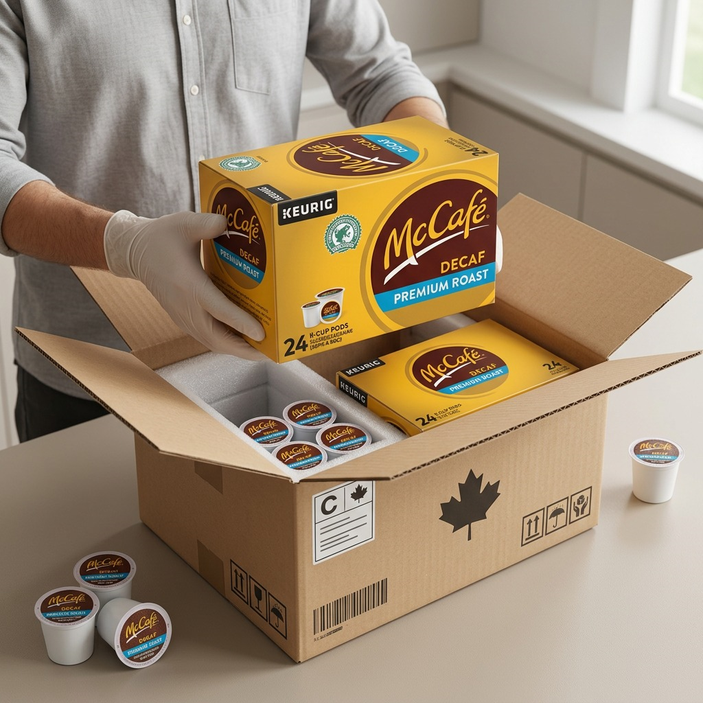 A person unboxing McCafé Decaf Premium Roast K-Cup 24-packs from a secure Canadian shipping box.