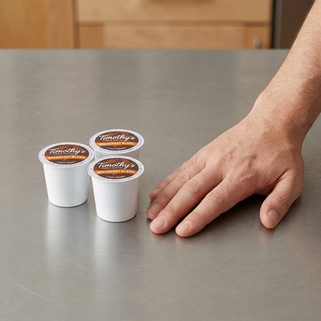 Timothy's Breakfast Blend light roast K-Cup pods shown next to a human hand for scale reference.